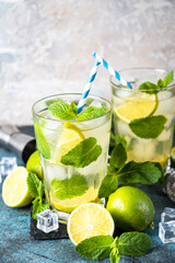 Mojito with rum, mint and lime in tall glass. Traditional Summer drink with ice.
