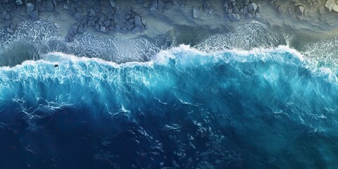 AI Generated. AI Generative. Top aerial drone air above view of ocean sea waves beach. Island vacation adventure surfing tropical vibe. Graphic Art - obrazy, fototapety, plakaty