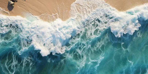 Fototapeten AI Generated. AI Generative. Top aerial drone air above view of ocean sea waves beach. Island vacation adventure surfing tropical vibe. Graphic Art © AkimD