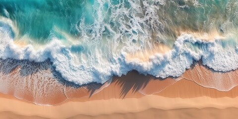 AI Generated. AI Generative. Top aerial drone air above view of ocean sea waves beach. Island vacation adventure surfing tropical vibe. Graphic Art