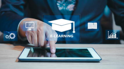 E-learning education, internet lessons and online webinar. Person who attends online lessons on a digital screen.Education internet Technology.