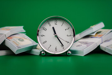 Dollar, savings and clock in a glass jar. Investment. Financial stock. Financial income. Salary....