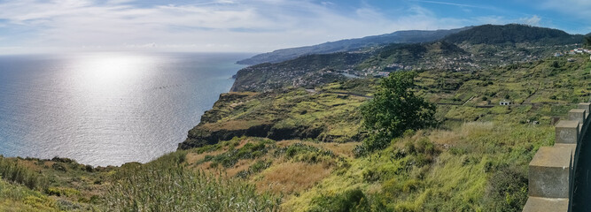 Full panoramic aerial view at the south Madeira Island coast, Ponta do Sol village and Riberia Brava, touristic viewpoint, on the island of Madeira, in Portugal