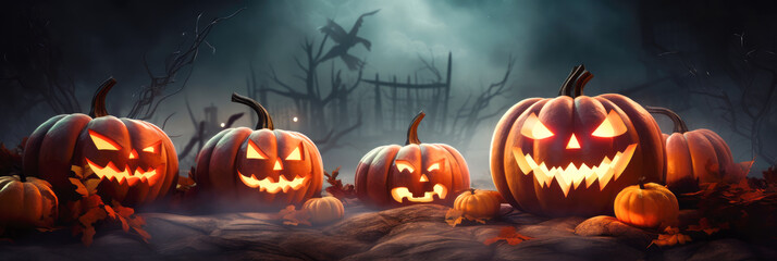 Halloween scene horror banner with creepy pumpkins of spooky dark background. Generative AI.