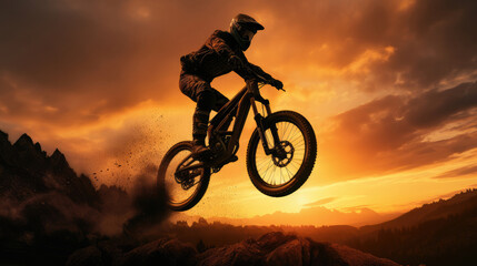 Silhouette of a man on bike jumping in the golden sunset
