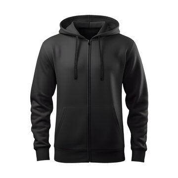 Men's black hooded warm sport puffer jacket isolated over white background.