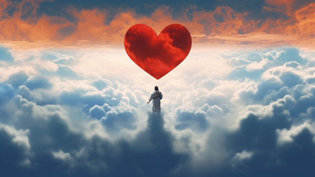 The Heavenly Image of Jesus Christ and His Red Heart in the Clouds. Generative AI