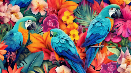 Tropical exotic pattern with parrots and flowers in bright colors. Generative AI