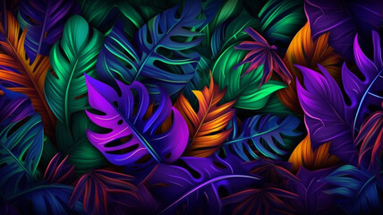 Tropical leaves background with neon light. Generative AI