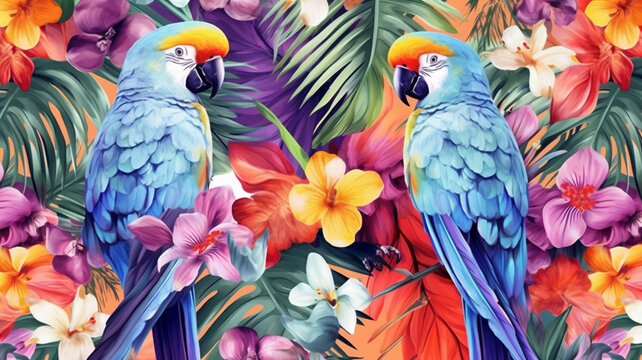 Tropical exotic pattern with parrots and flowers in bright colors. Generative AI