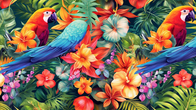 Tropical exotic pattern with parrots and flowers in bright colors. Generative AI