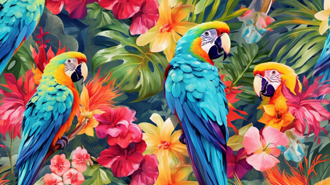 Tropical exotic pattern with parrots and flowers in bright colors. Generative AI