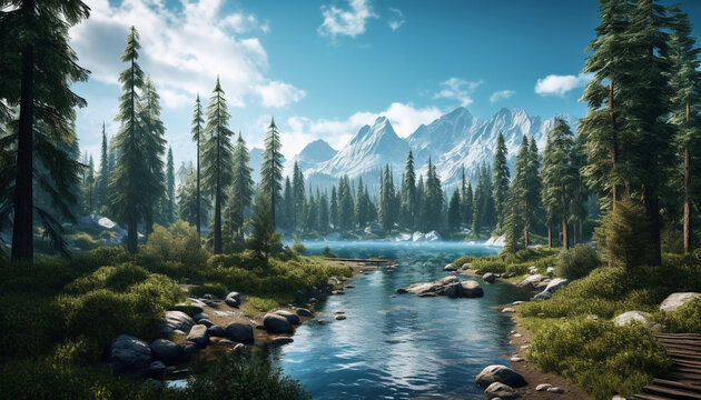 Tranquil scene of majestic mountain range, reflecting in flowing water generated by AI