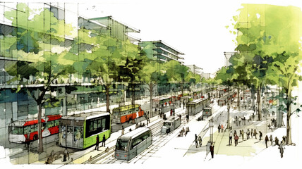 Urban planning sketch highlighting sustainable elements like green spaces, public transportation, and pedestrian zones. Generative AI