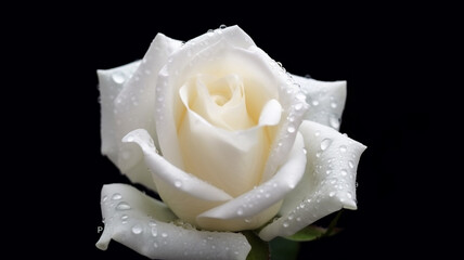 White Rose with Droplets isolated on Black Background Banner. Copy Space. Generative AI