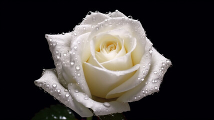 White Rose with Droplets isolated on Black Background Banner. Copy Space. Generative AI