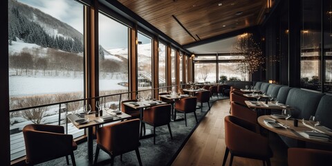 Fototapeta premium AI Generated. AI Generative. Elegance luxury inside wine vineyard restaurant decoration wood design architecture. Gourmet winery party evening. Graphic Art