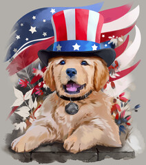 Puppy of a golden retriever in a hat. USA Independence Day - 617847442
