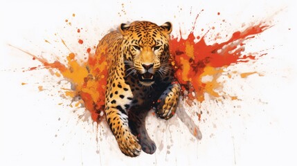 Leopard  form and spirit through an abstract lens. dynamic and expressive Leopard print by using bold brushstrokes, splatters, and drips of paint. Leopard raw power and untamed energy