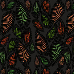 Floral pattern, leaves on the black background