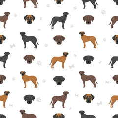 Mountain Cur seamless pattern. Different poses, coat colors set