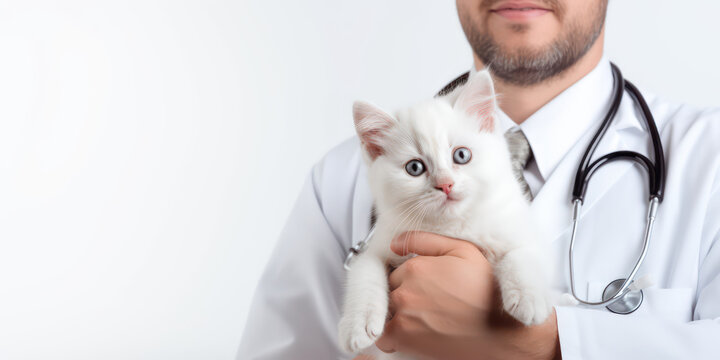 Little fluffy kitten in hands of veterinarian doctor in medical white coat with a stethoscope. Isolated on white background. Copy space, veterinary clinic banner. Generative AI photo.