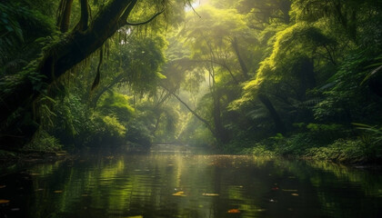 Tranquil scene of a tropical rainforest with a misty fog generated by AI