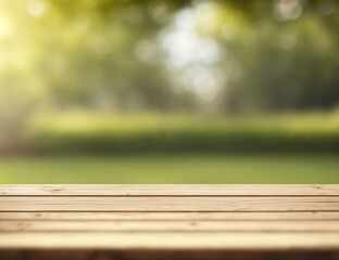 Empty Wooden table with blurred garden background, product display, product presentation