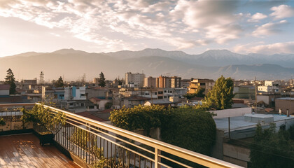 Fototapeta na wymiar Sunset illuminates modern city skyline, surrounded by mountain range and nature generated by AI
