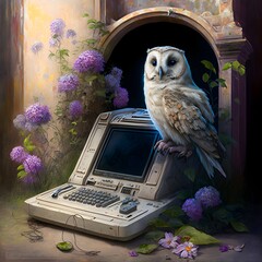 owl perched on old broken computer terminal thats overgrown with flowers white stone temple courtyard broken pottery and flowers in the foreground stone archway oil paint lavender lupine backlit 
