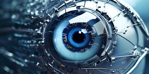Fototapeta na wymiar Blue artificial or mechanical eye. Robot detail, close up, blurred background.