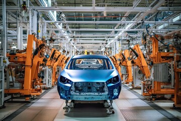A cutting-edge robot factory is transforming the auto manufacturing process, integrating technology and innovation to produce top-notch vehicles for the market.. AI-generated - 617849467