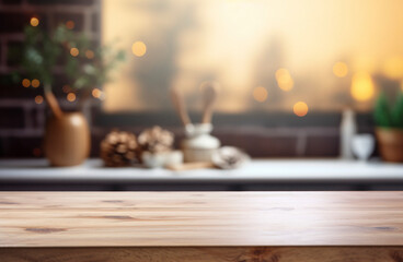 Beautiful empty brown wooden table top and blurred defocused modern kitchen interior background with daylight flare, product montage display,banner, generative ai