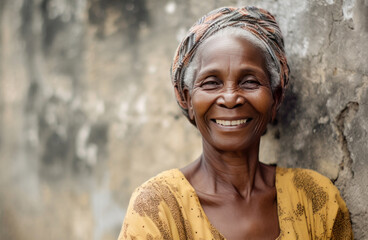 60 year old Caribbean woman posing in front of a wall.