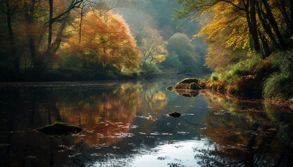 Fototapeta premium Tranquil scene of autumn forest with yellow leaves and reflection generated by AI