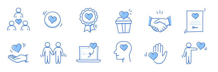 Community trust hand, social heart doodle line icon. Charity community, partnership care, people solidarity help concept icon set. Hand drawn doodle sketch style line. Vector illustration - obrazy, fototapety, plakaty