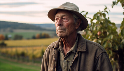 Active senior farmer harvesting organic crops in tranquil rural scene generated by AI