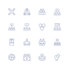 Teamwork line icon set on transparent background with editable stroke. Containing direction, deadline, crowd, creative team, idea, hands, graphic, motivation, meeting, medical team, puzzle, profit.