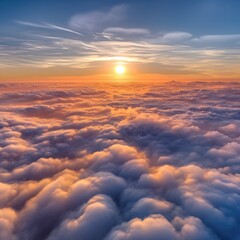 Aerial sunset view over the clouds  on sky with sunny weather. Generative Ai.