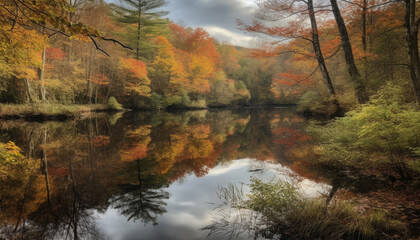 Fototapeta na wymiar Idyllic autumn landscape vibrant trees reflect on tranquil pond generated by AI