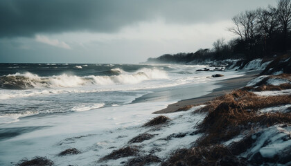 Obraz premium Idyllic seascape tranquil waves flow over rocky waters edge generated by AI