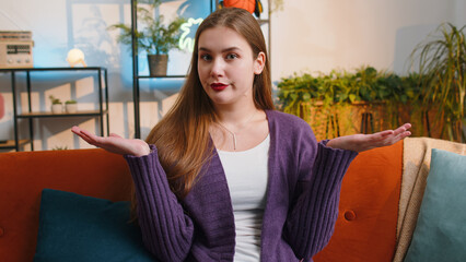 I dont know what to say. Confused pretty woman feeling embarrassed about ambiguous question, having...