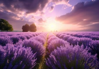 Plakat Purple Paradise: An Enchanting Field of Lavender Delights. Digital Illustration. Generative ai.