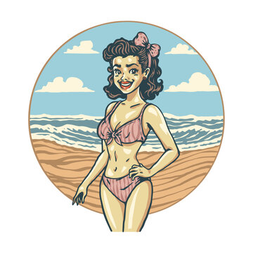 Colorful cartoon beautiful  pin up lady characters smile and having fun  on the beach vintage style