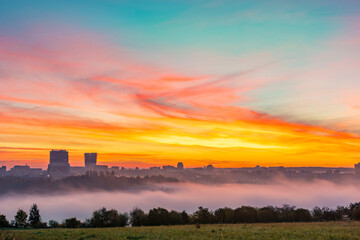colorful sunrise on autumn in Prague