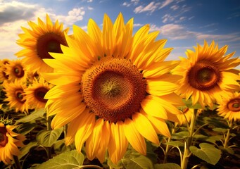 Fototapeta premium Sunflower Serenade: A Harmonious Gathering Basking in Sunlight. Digital Illustration. Generative ai.
