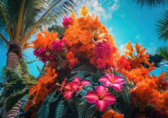 Exotic Blooms: A Palm Tree Enveloped in Vibrant Tropical Flowers. Digital Illustration. Generative ai.
