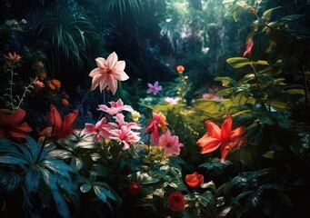Fototapeta na wymiar Vibrant Jungle Flowers. Digital Illustration. Generative ai.