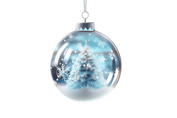 glass blue Christmas ball with bow on white background. Generative AI