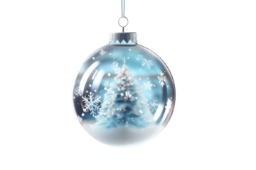 glass blue Christmas ball with bow on white background. Generative AI